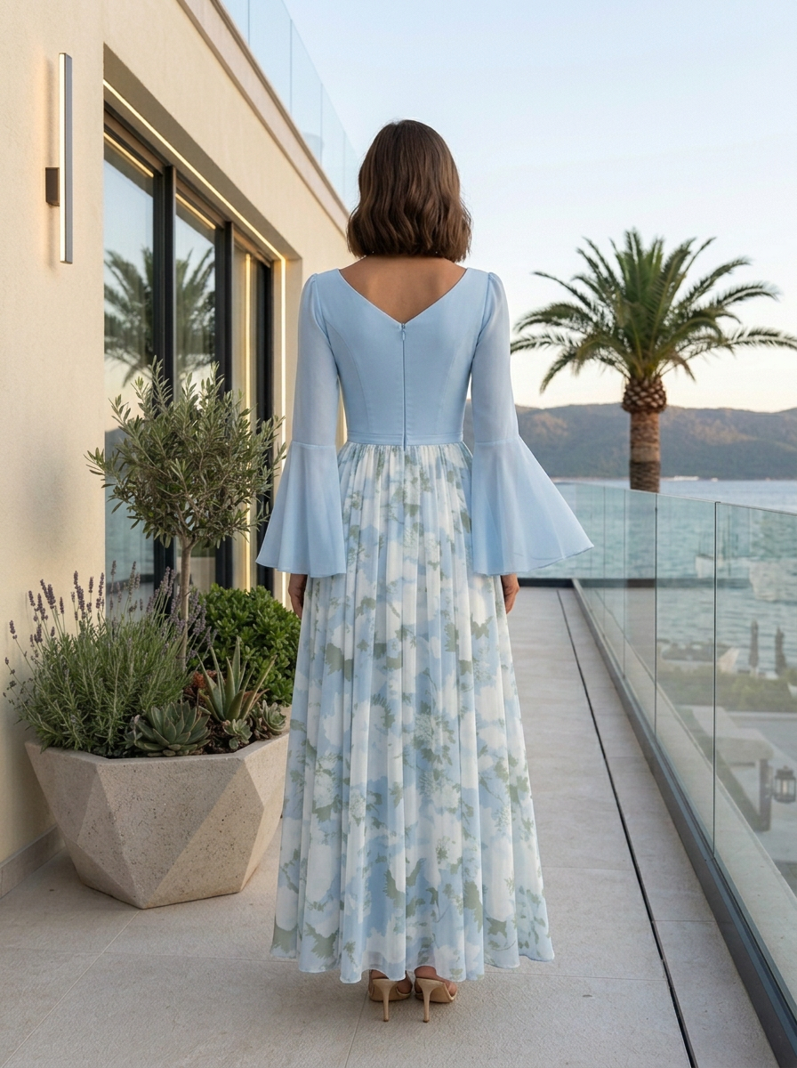 Light Blue Panel Floral Print Sweetheart Neck Flare Long Sleeve Maxi Dress