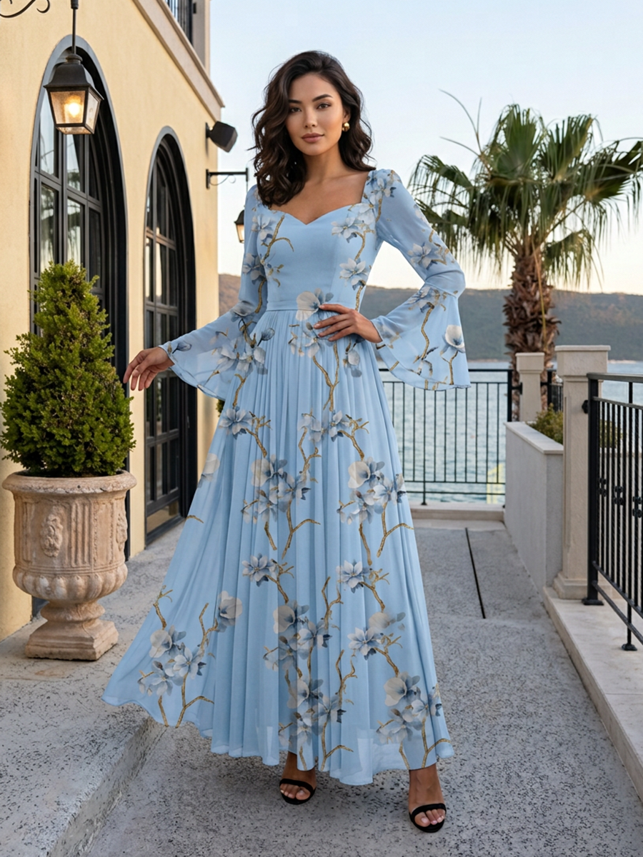 Sweetheart Neck Bell Sleeve Pleated Floral Print Floor-Length Chiffon Gown