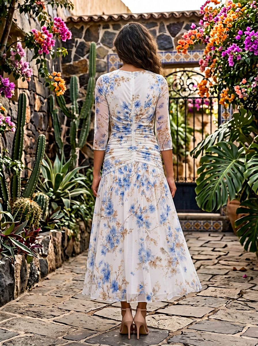 V-Neck Half Sleeve Ruched Floral Print Midi Chiffon Dress