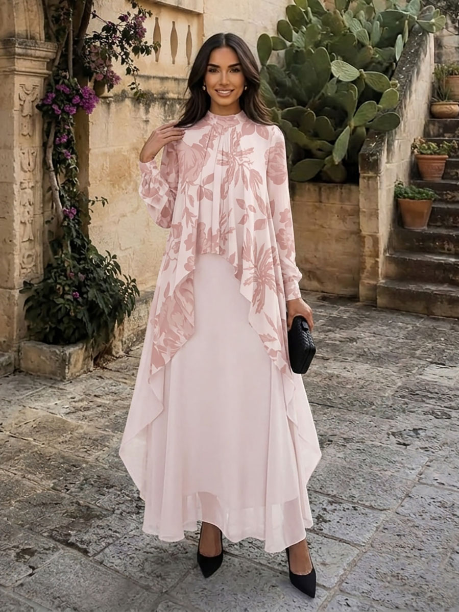 Mock Neck Long Sleeve Overlay High-Low Floral Print Chiffon Gown