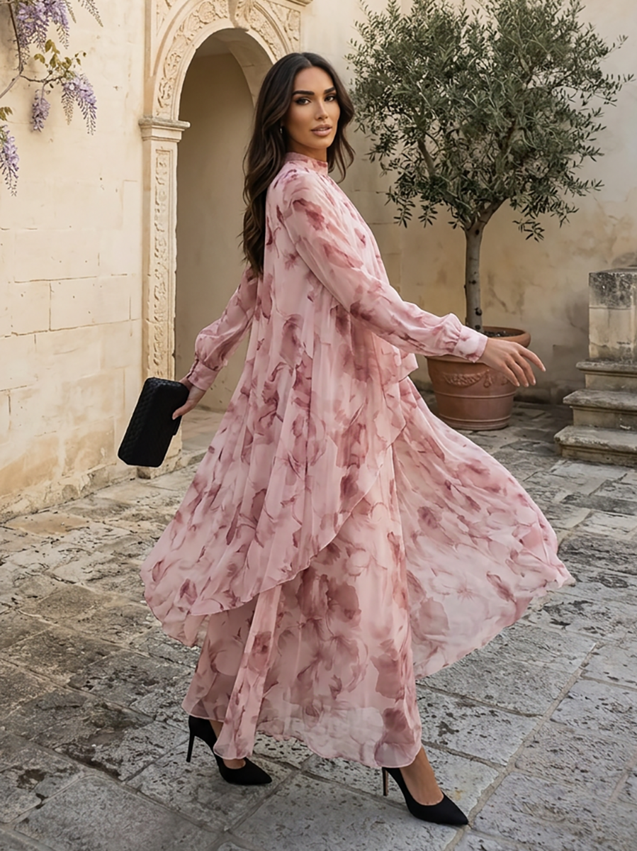 Mock Neck Long Sleeve Layered Floral Print Floor-Length Chiffon Gown