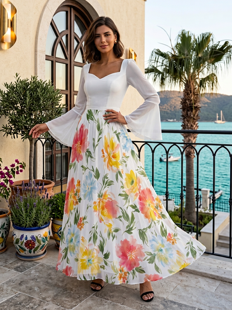 Sweetheart Neck Long Bell Sleeve Floral Print Floor-Length Chiffon Gown