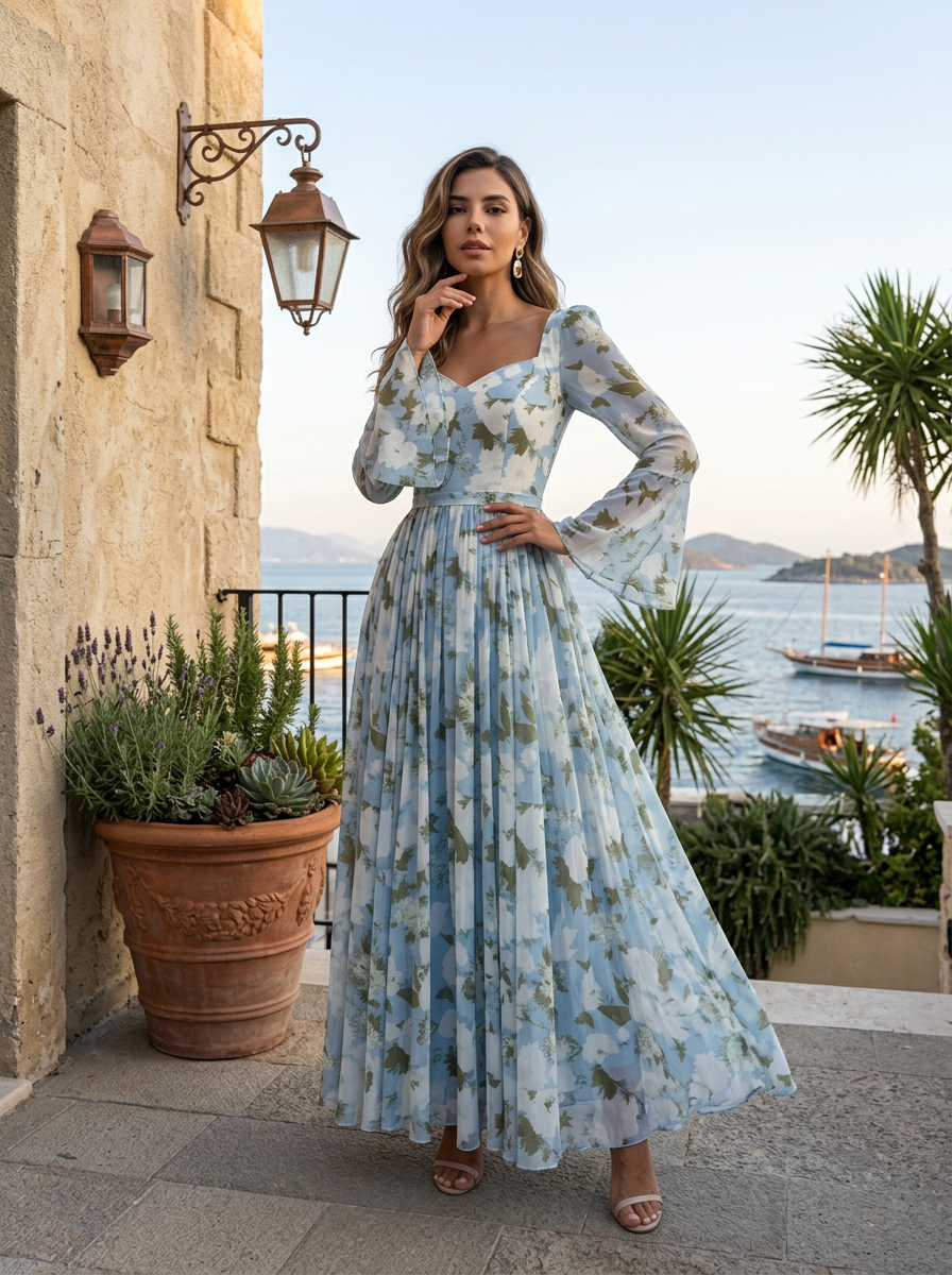 Light Blue White Floral Print Sweetheart Square Neck Flare Long Sleeve Full Skirt Dress