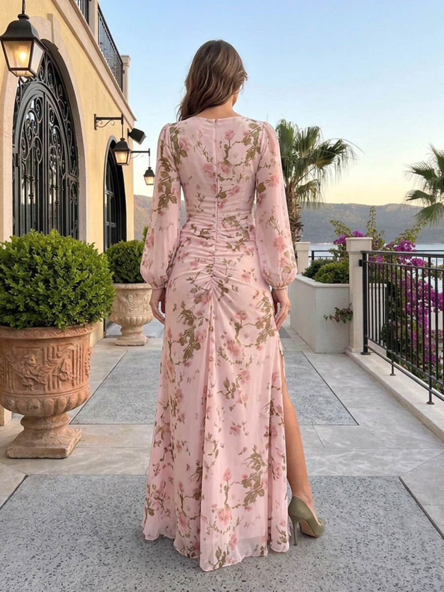 Round Neck Long Sleeve Ruched Floral Print Floor-Length Chiffon Gown