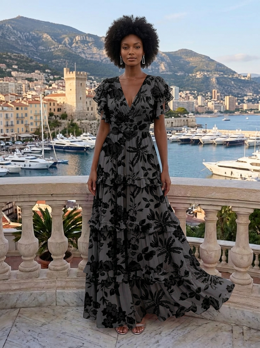 V-Neck Ruffled Tiered Pleated Floral Print Floor-Length Chiffon Gown
