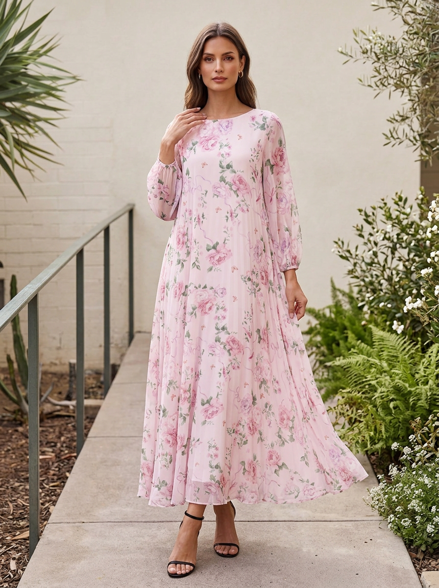 Round Neck Long Sleeve Pleated Floral Print Floor-Length Chiffon Gown
