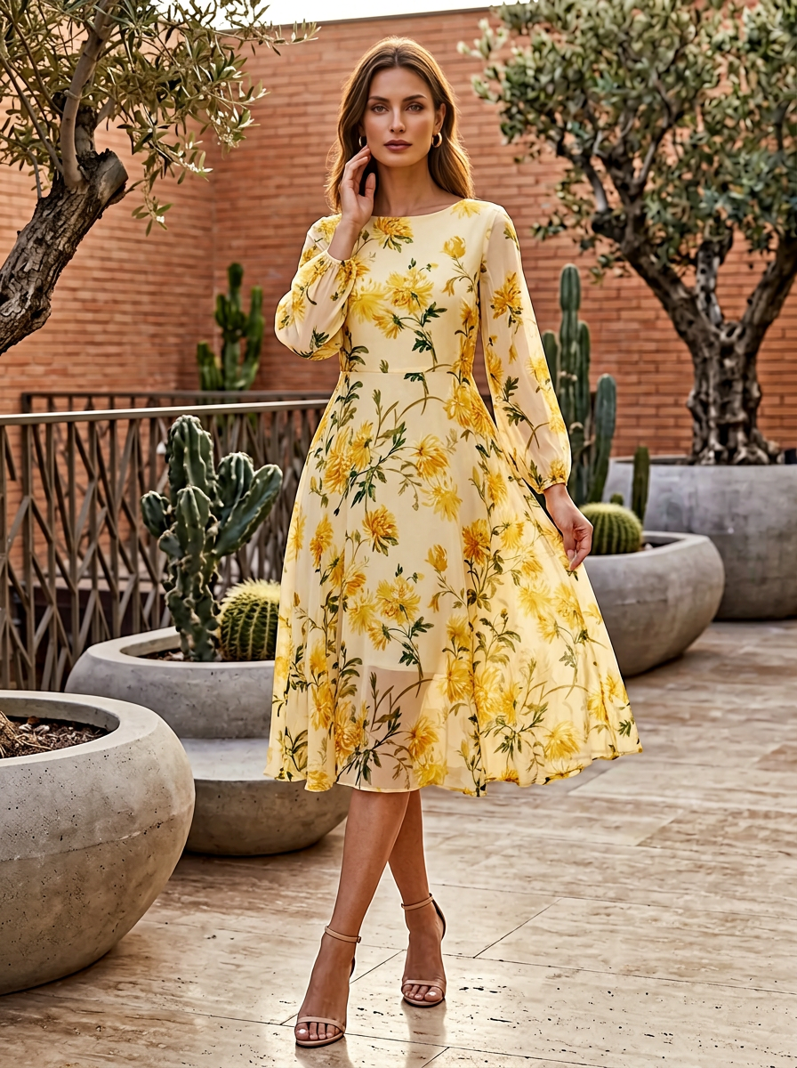 Round Neck Long Sleeve Floral Print Midi Chiffon A-Line Dress