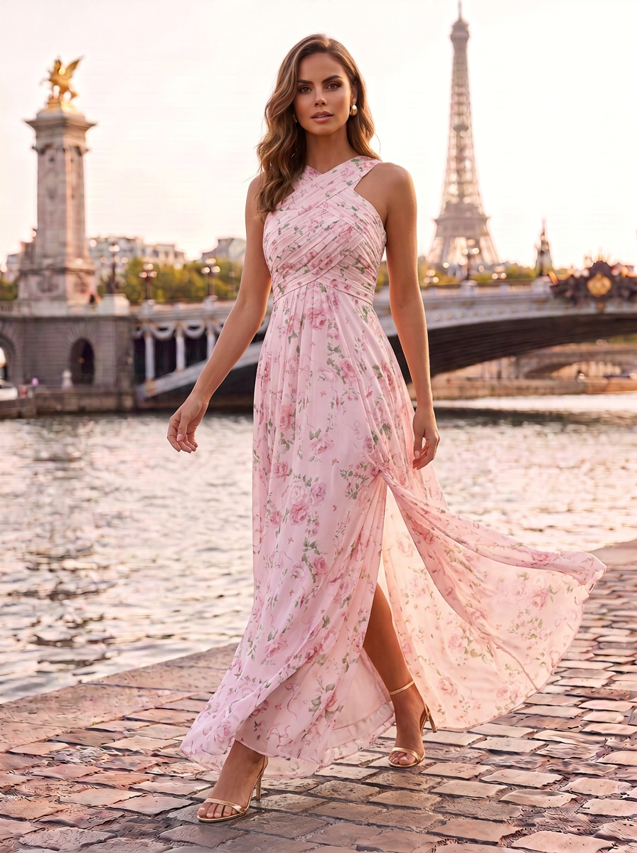 Crossover Halter Neck Slit Floral Print Floor-Length Chiffon Gown