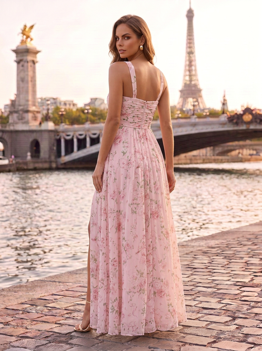 Crossover Halter Neck Slit Floral Print Floor-Length Chiffon Gown