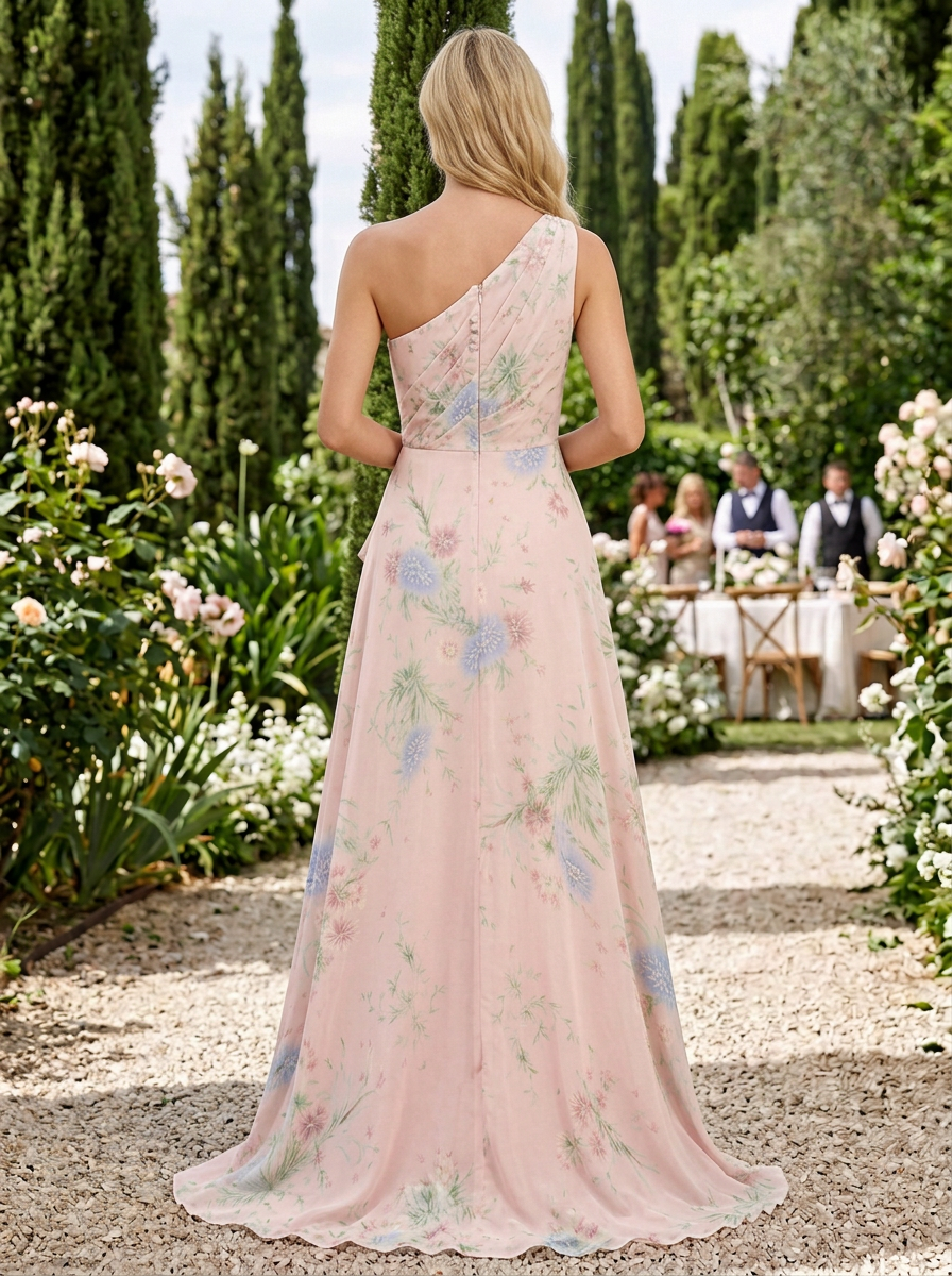 Asymmetric One-Shoulder Slit Floral Print Floor-Length Chiffon Gown