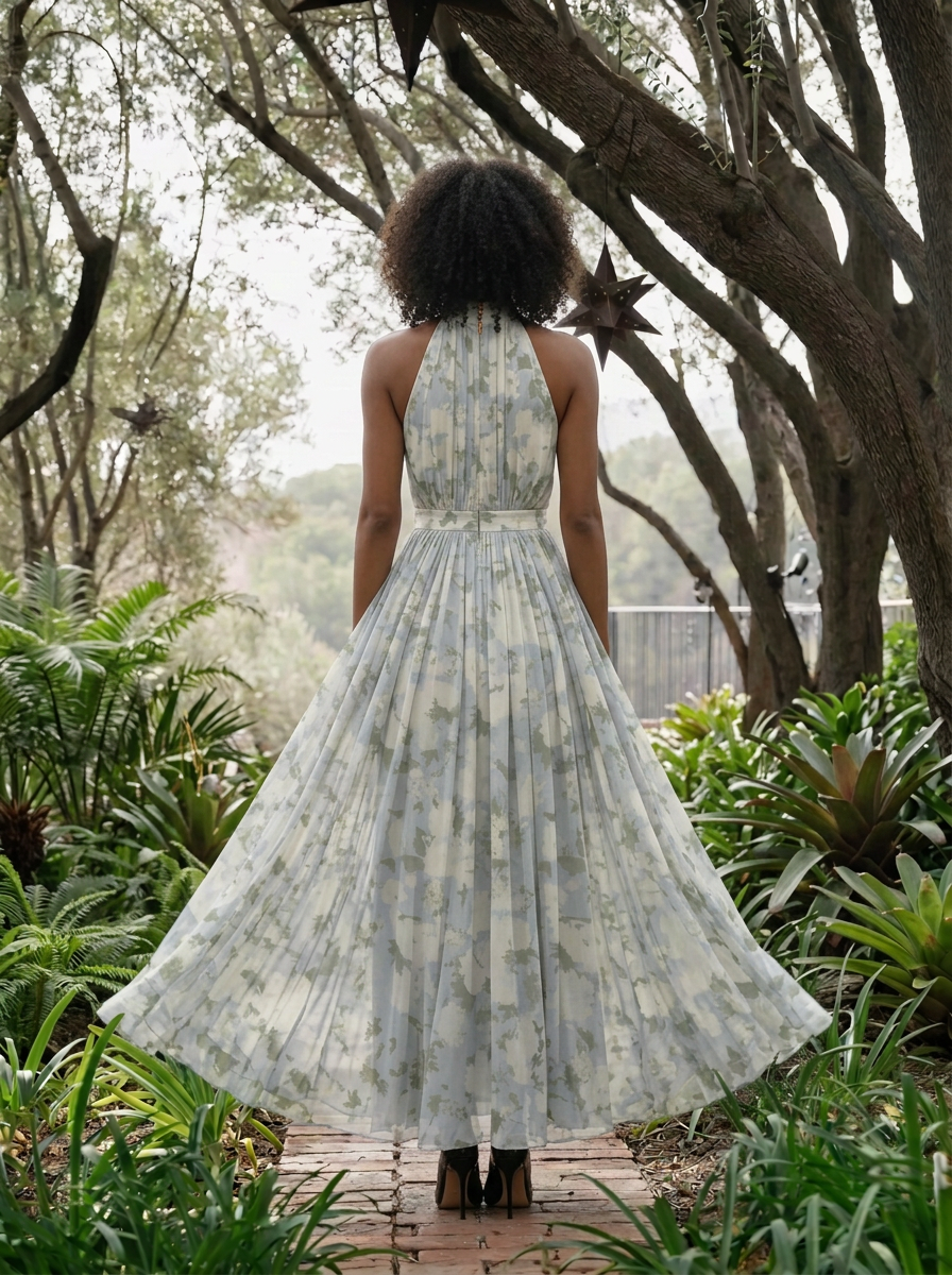 Halter Pleated Floral Print Floor-Length Chiffon Gown