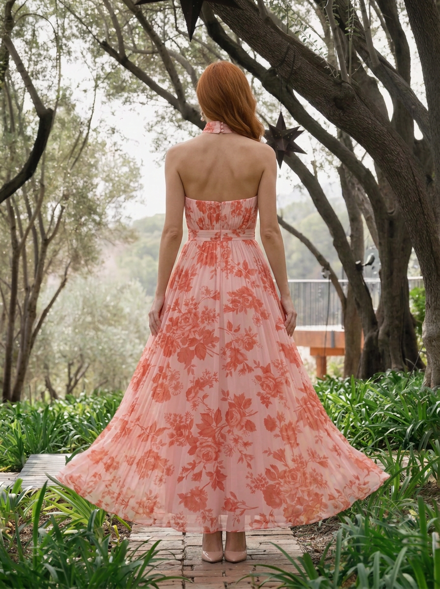 Halter Pleated Floral Print Floor-Length Chiffon Gown