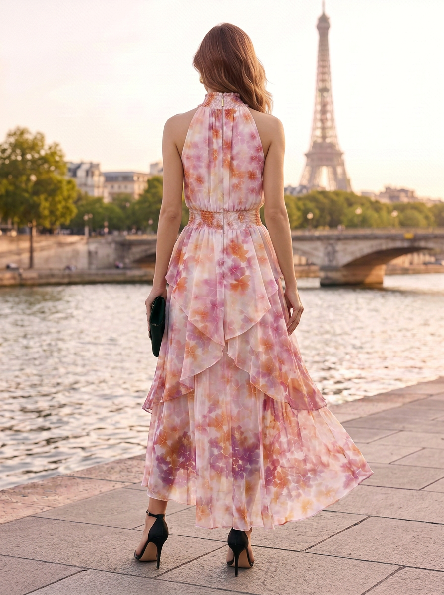 Emanate effortless grace in this stunning blue and white floral print long gown, expertly crafted for garden weddings, destination celebrations, and formal evening galas. The fitted bodice features an asymmetric one-shoulder neckline with a single short f