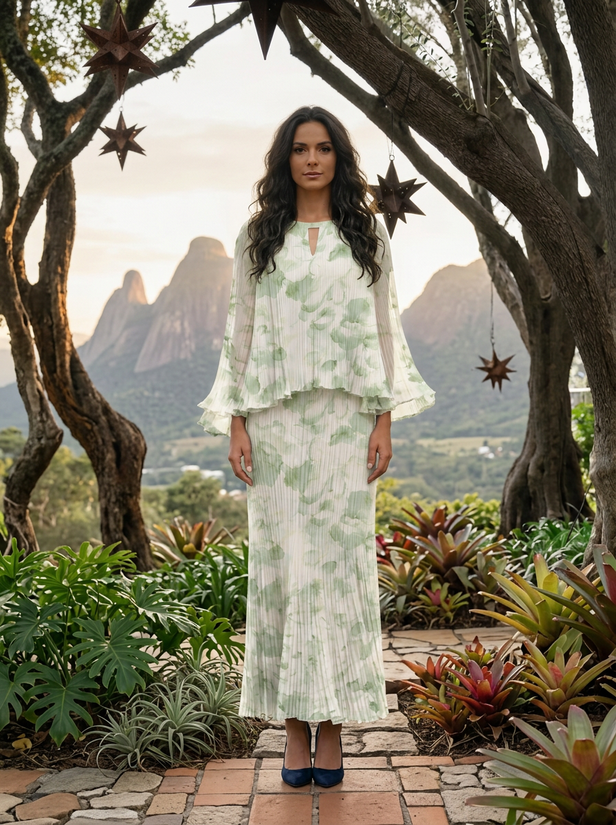 Keyhole Neck Flared Sleeve Pleated Floral Print Floor-Length Chiffon Gown