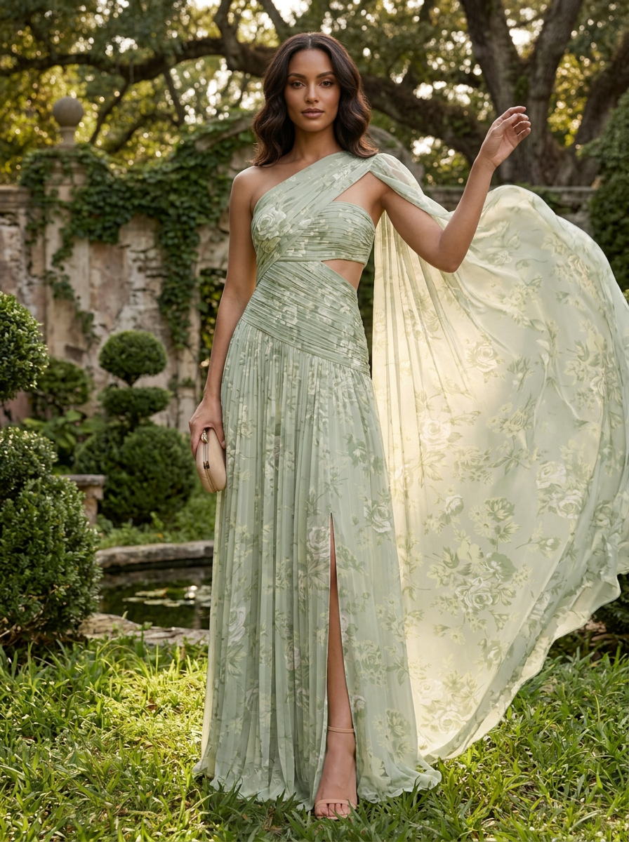 One-Shoulder Cutout Pleated Floral Print Floor-Length Chiffon Gown