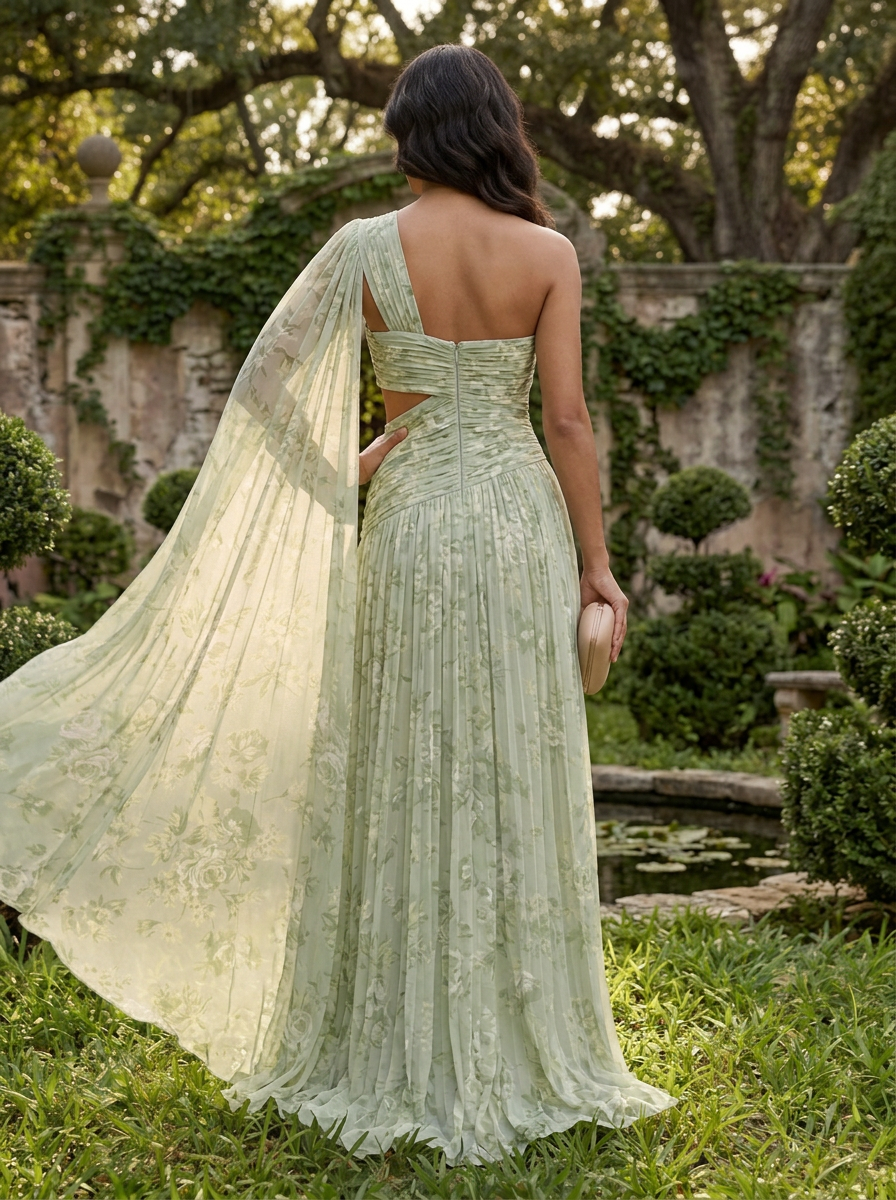 One-Shoulder Cutout Pleated Floral Print Floor-Length Chiffon Gown