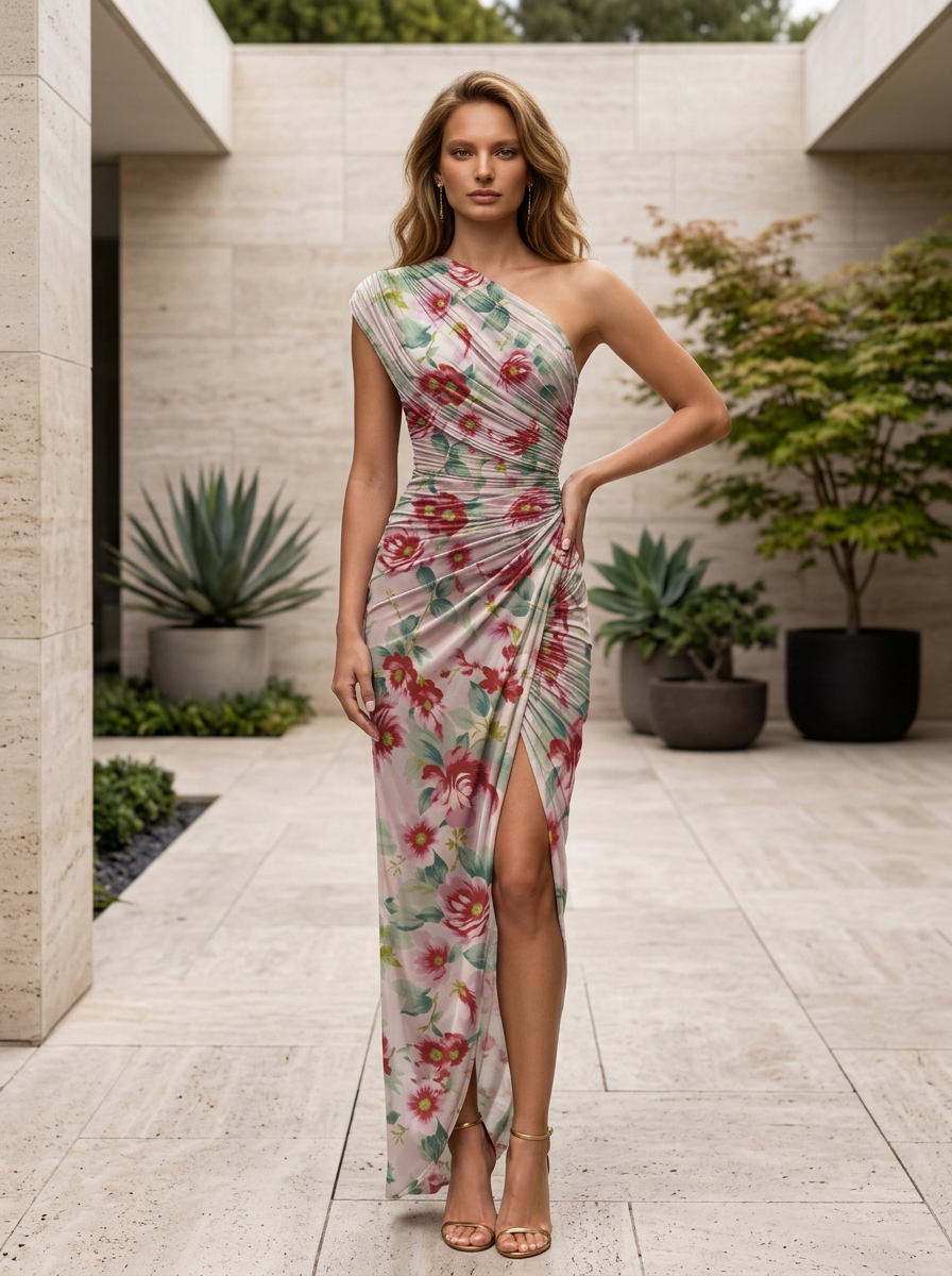 Asymmetric One-Shoulder Slit Floral Print Floor-Length Chiffon Gown