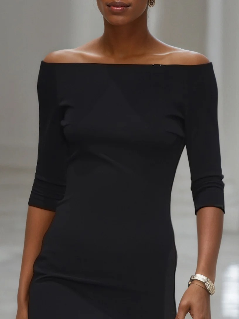 Black Flocked Knit Cotton Off The Shoulder Half Sleeve Mermaid Maxi Jersey Dress