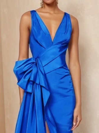 Blue Bow Asymmetric Satin V Neck Sleeveless A-Line Maxi Dress