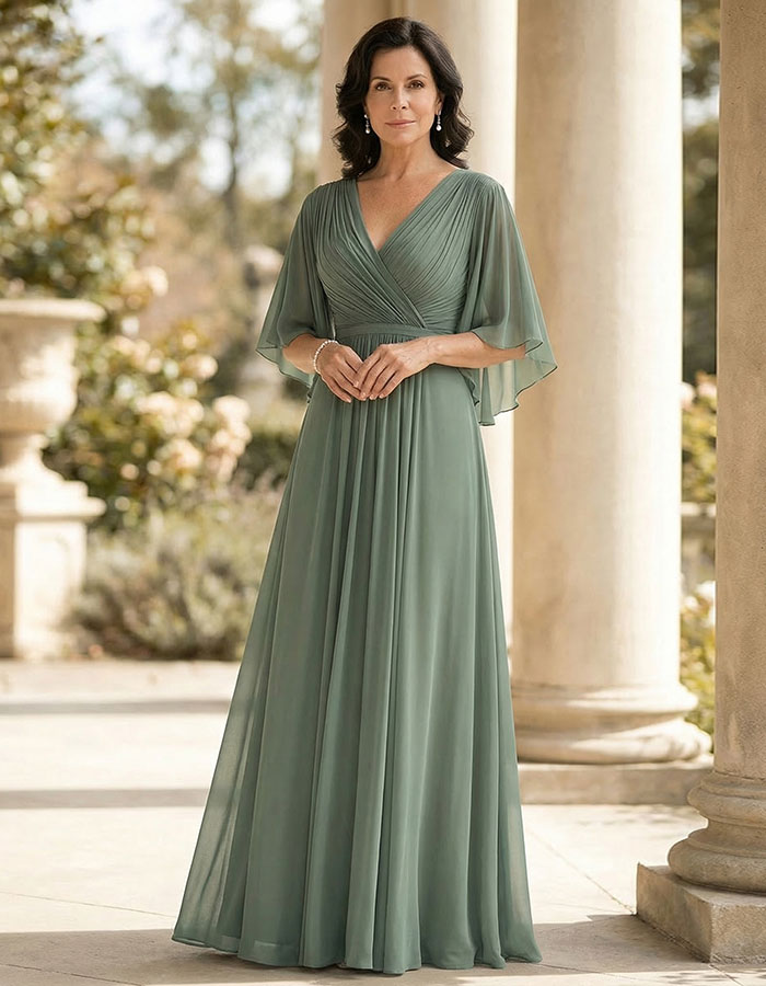 Grey Green Chiffon V-Neck Flutter Sleeves Maxi Dress