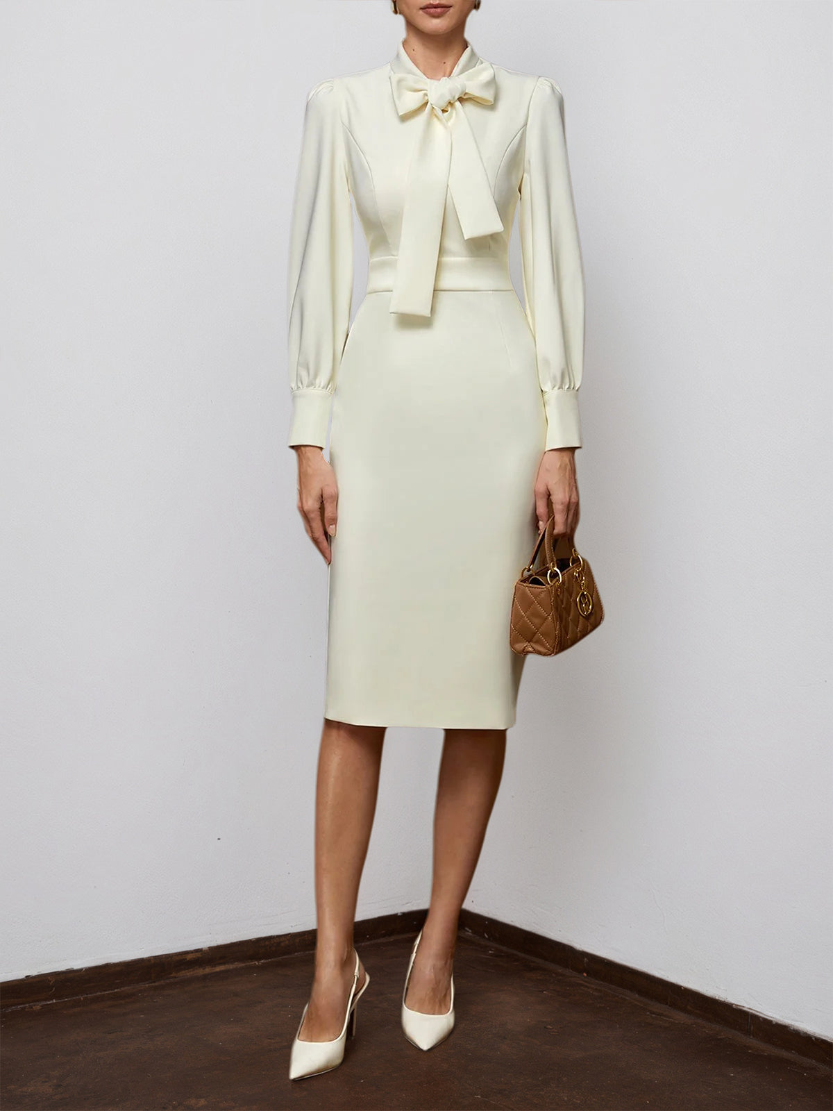 Off White Bow Neck Long Sleeve Sheath Midi Blazer Dress