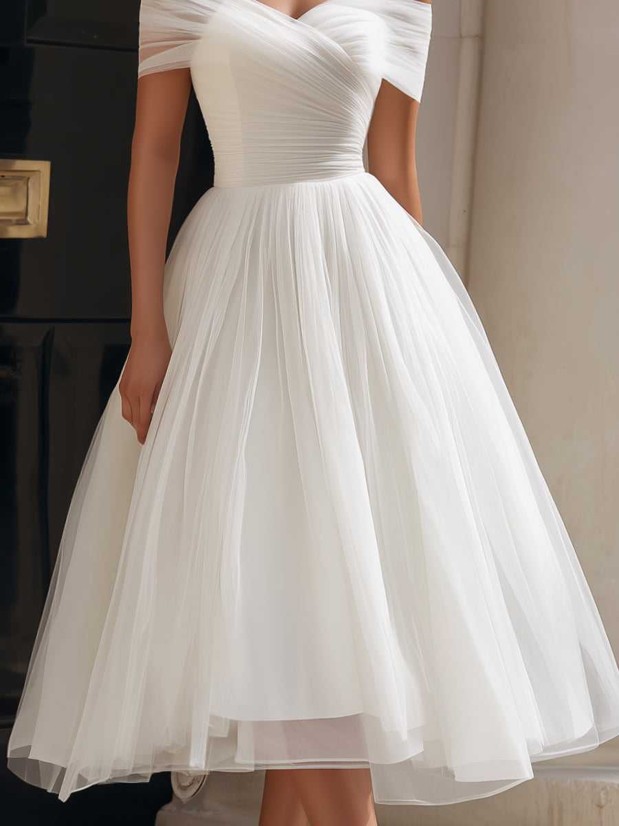 White Off-Shoulder Pleated A-Line Tulle Midi Dress