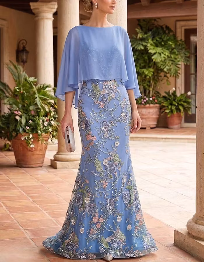 Light Blue Boat Neck Chiffon Cape Overlay Maxi Dress