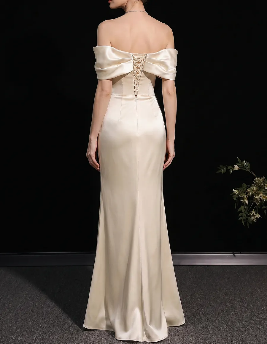 Light Champagne Satin Off-The-Shoulder Fishtail Maxi Dress