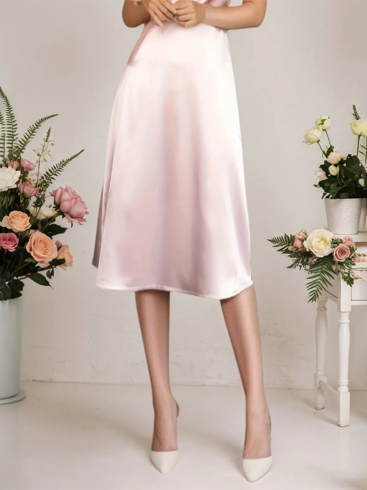 Pink High Neck Satin Sleeveless A-Line Midi Dress