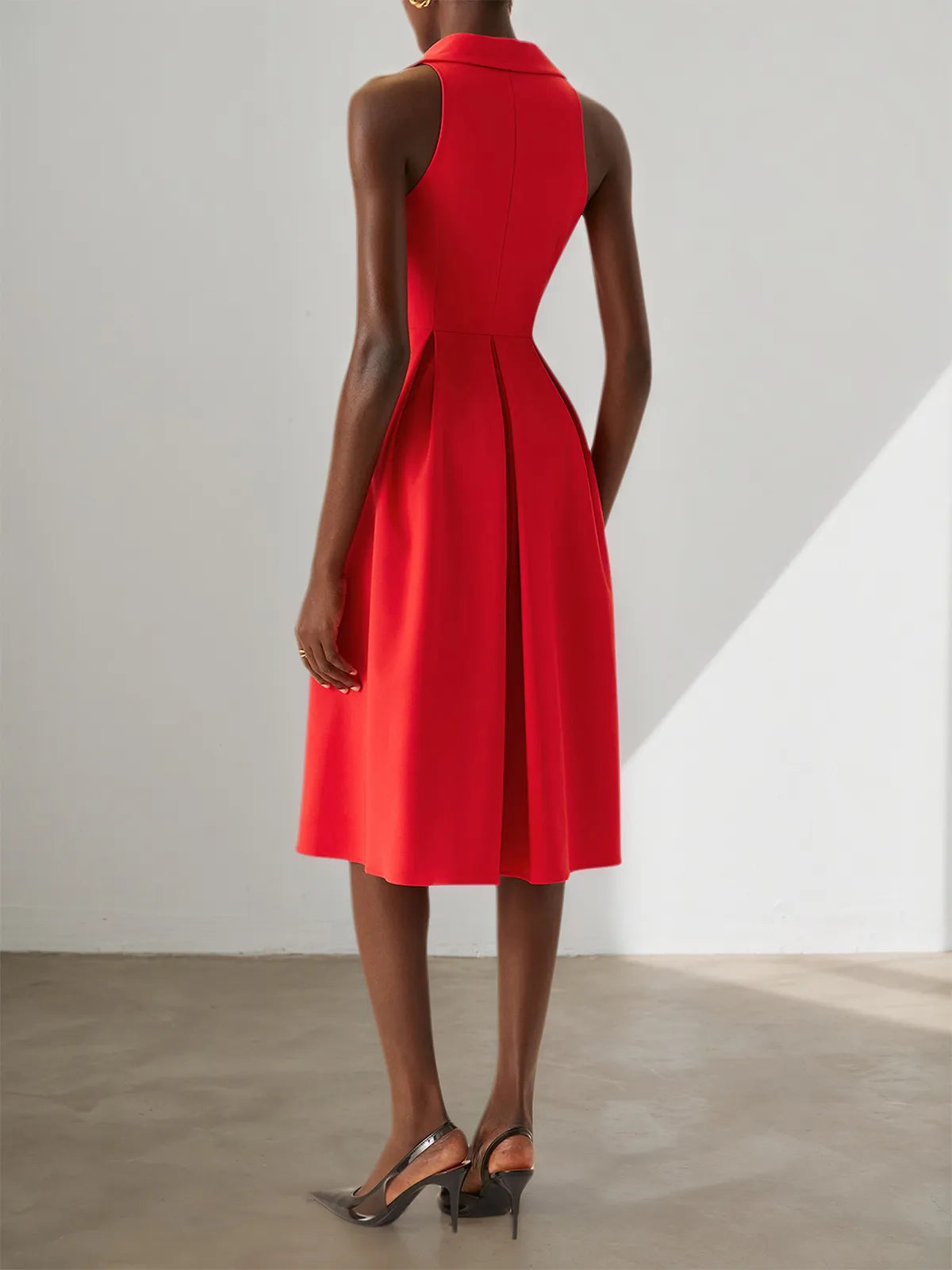 Red Classic Shirt Collar Sleeveless A-Line Midi Dress