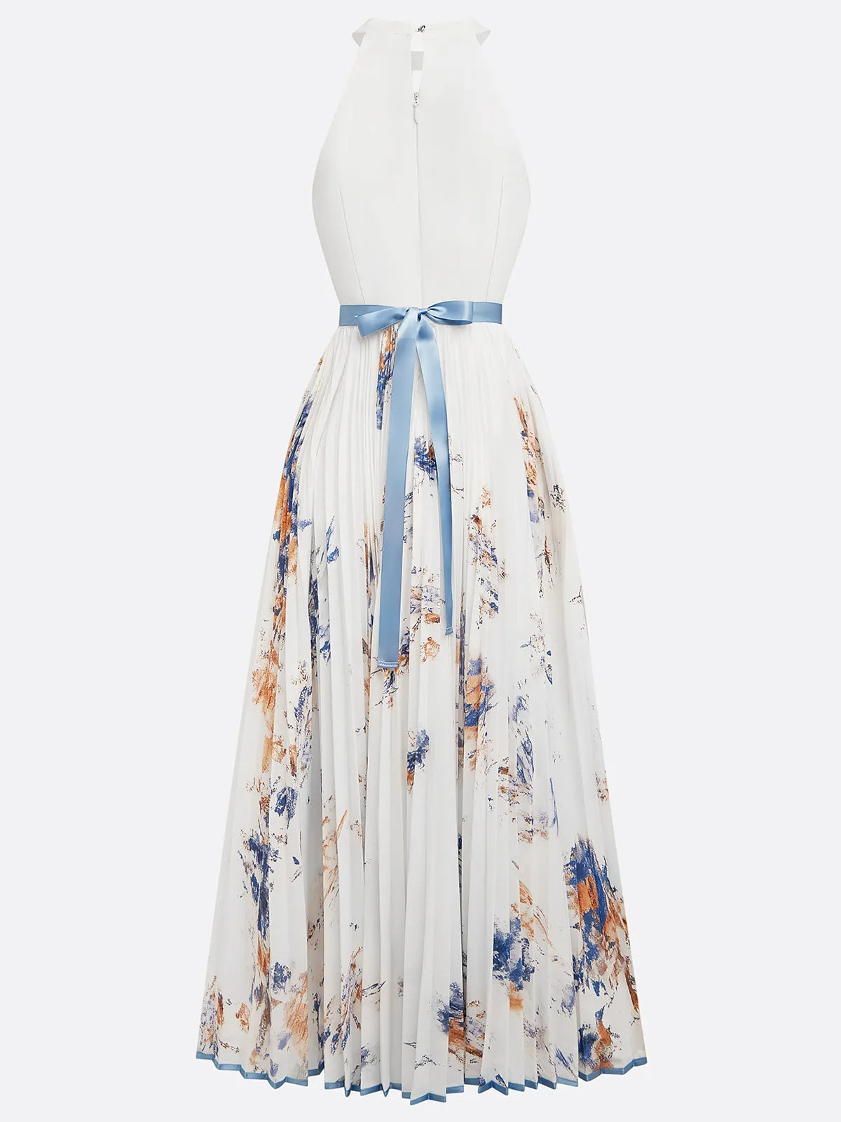 White Pleated Floral Chiffon Halter Sleeveless A-Line Maxi Dress