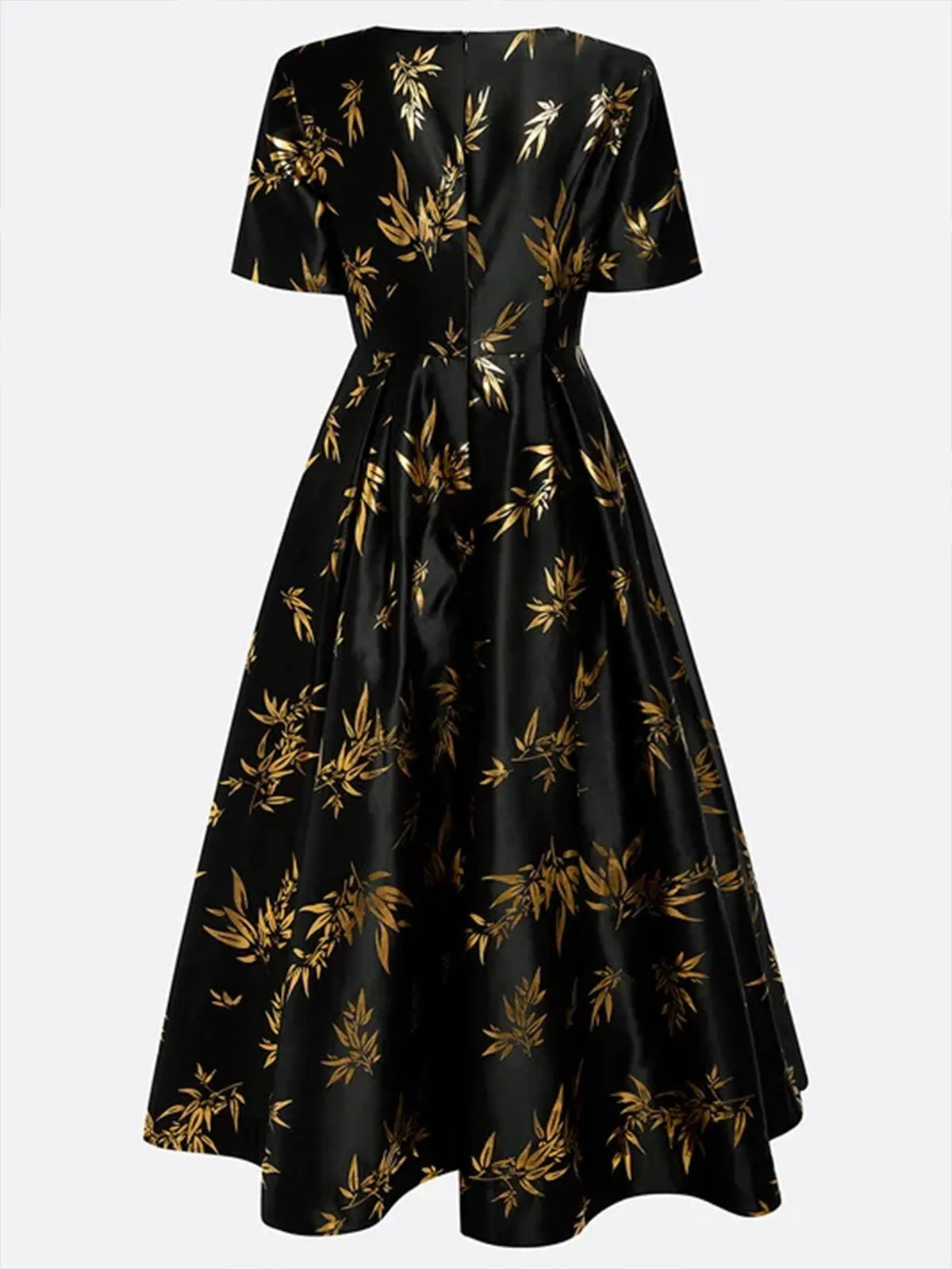 Black Gold Hot Stamping Floral Short Sleeve A-Line Maxi Dress