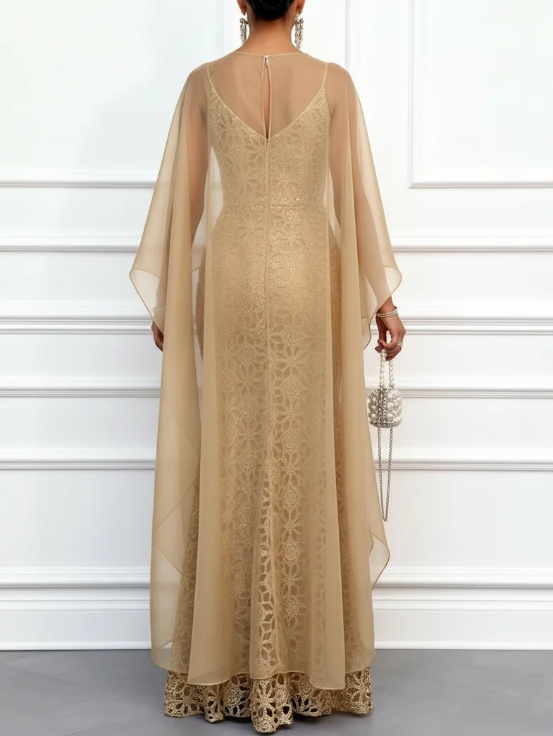 Champagne Lace Classic Boat Neck Cap Sleeve Mermaid Floor Length Dress