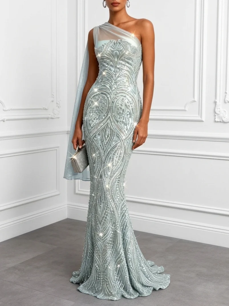 Lightgreen Glitter Beaded Classic One Shoulder Sleeveless Mermaid Gown Dress
