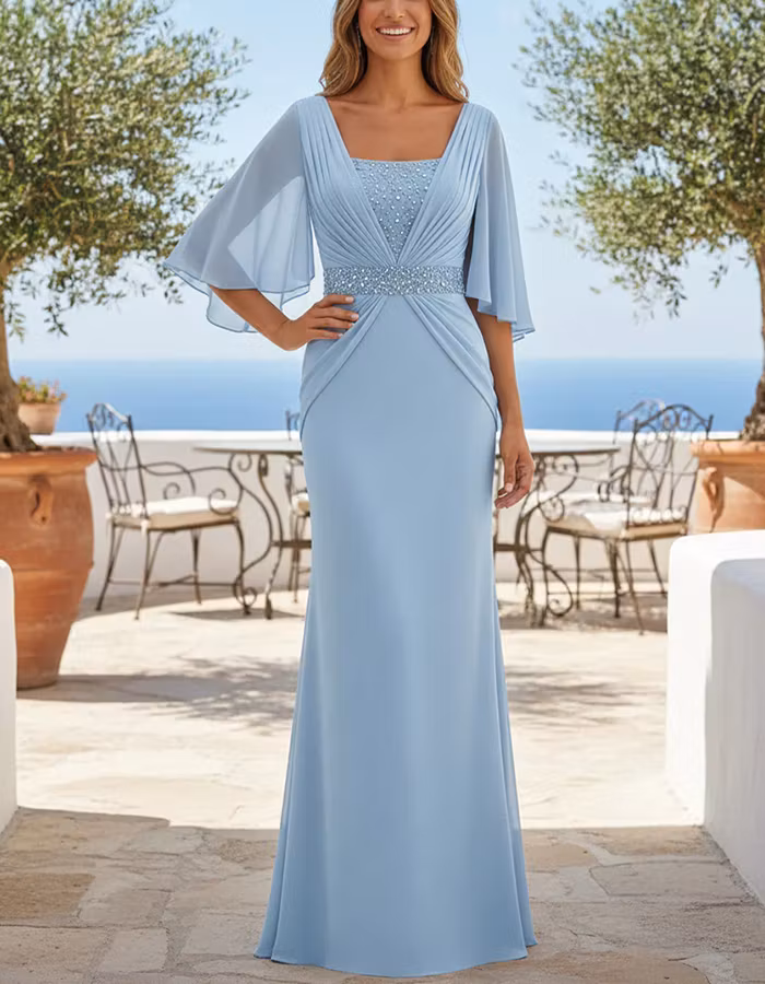 Light Blue Capelet Sequined Chiffon Maxi Dress