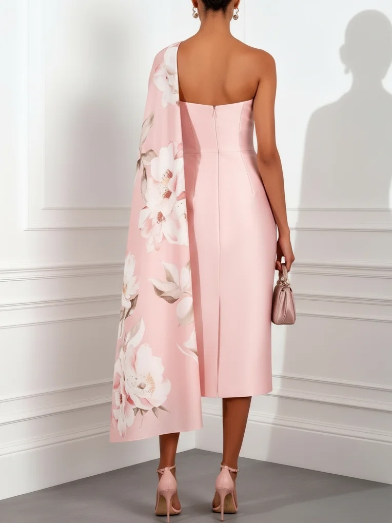 Pink Floral Satin Strapless Sleeveless Sheath Midi Dress