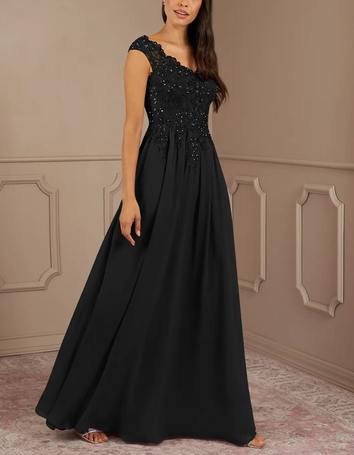 Black Sequined Chiffon A-Line V-Neck Maxi Dress