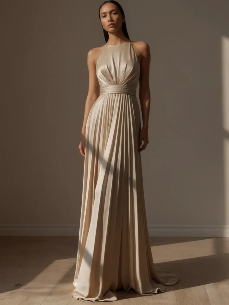 Light Khaki Pleated Satin Halter Neck Sleeveless A-Line Gown Dress