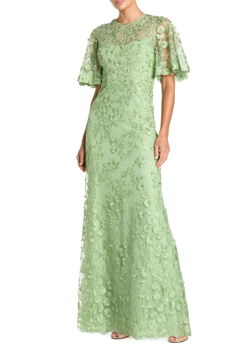 Elegant Floral Embroidered Evening Gown with Flutter Sleeves