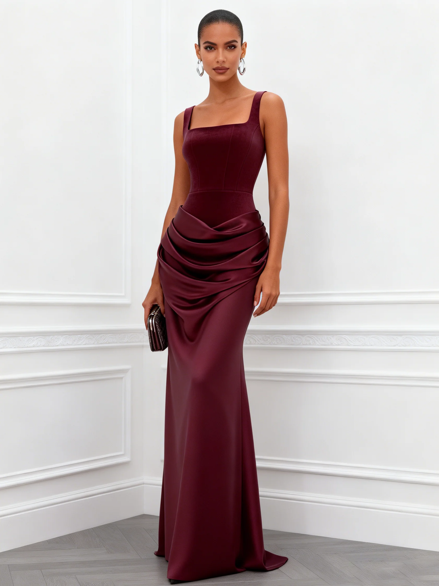 Wine Red Ruched Satin Square Neck Sleeveless Mermaid Floor-length Gown Dress
