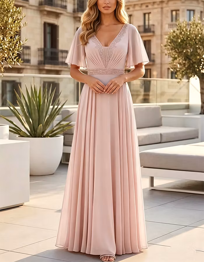Dusty Blue Sequined Flutter Sleeve Chiffon Maxi Dress