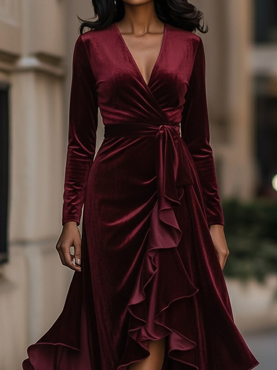 Burgundy Velvet Wrap Gown With Cascading Ruffle Hem