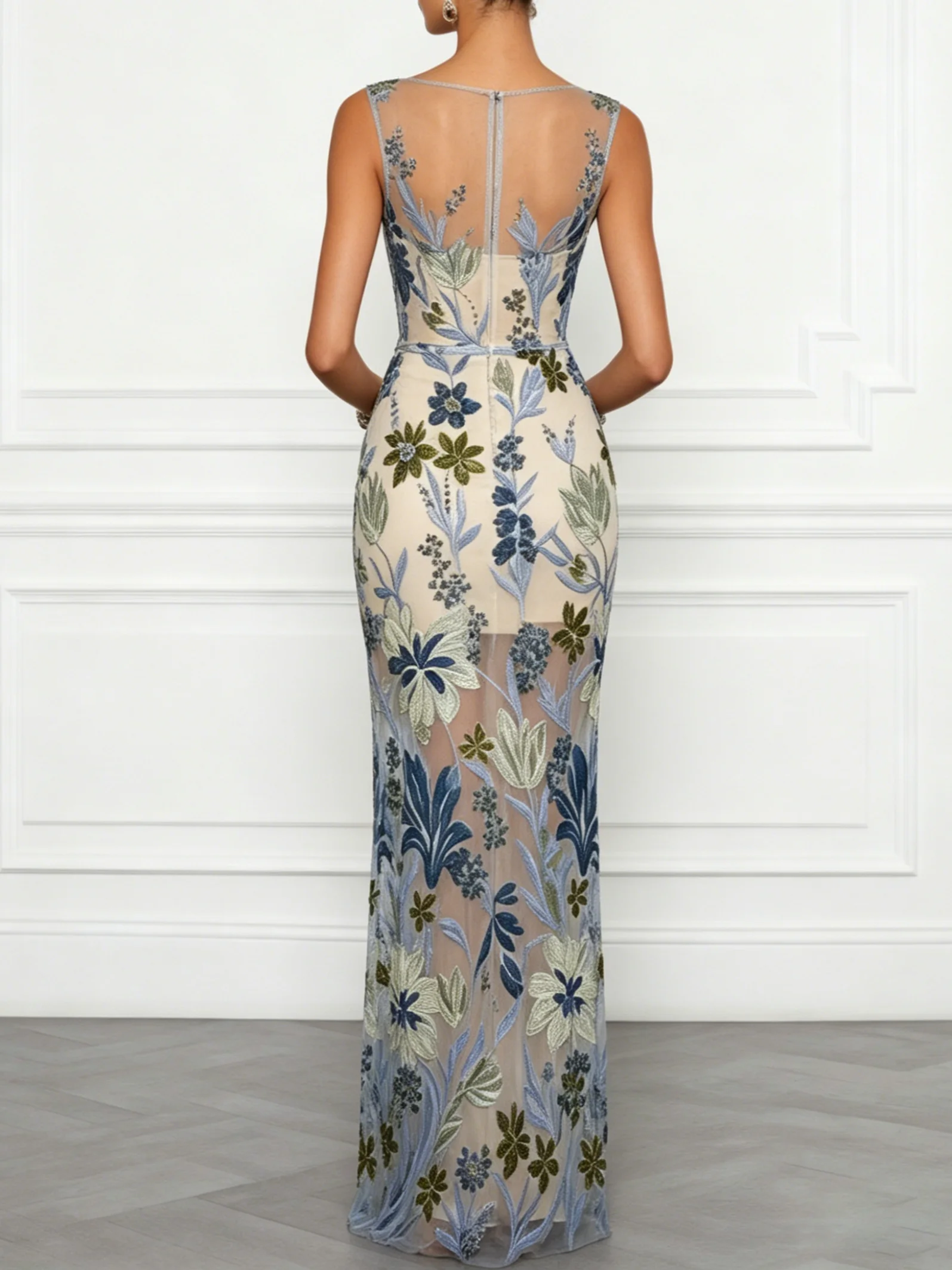 Blue Embroidery Classic Boat Neck Sleeveless Mermaid Floor-length Gown Dress