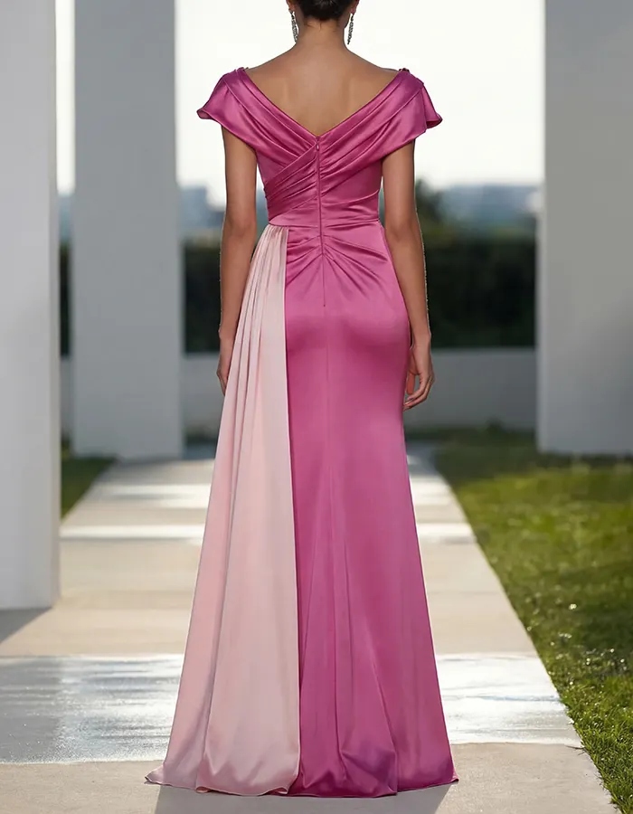 Two-Tone Magenta & Blush Pink Off-the-Shoulder Satin Mermaid Maxi Dress