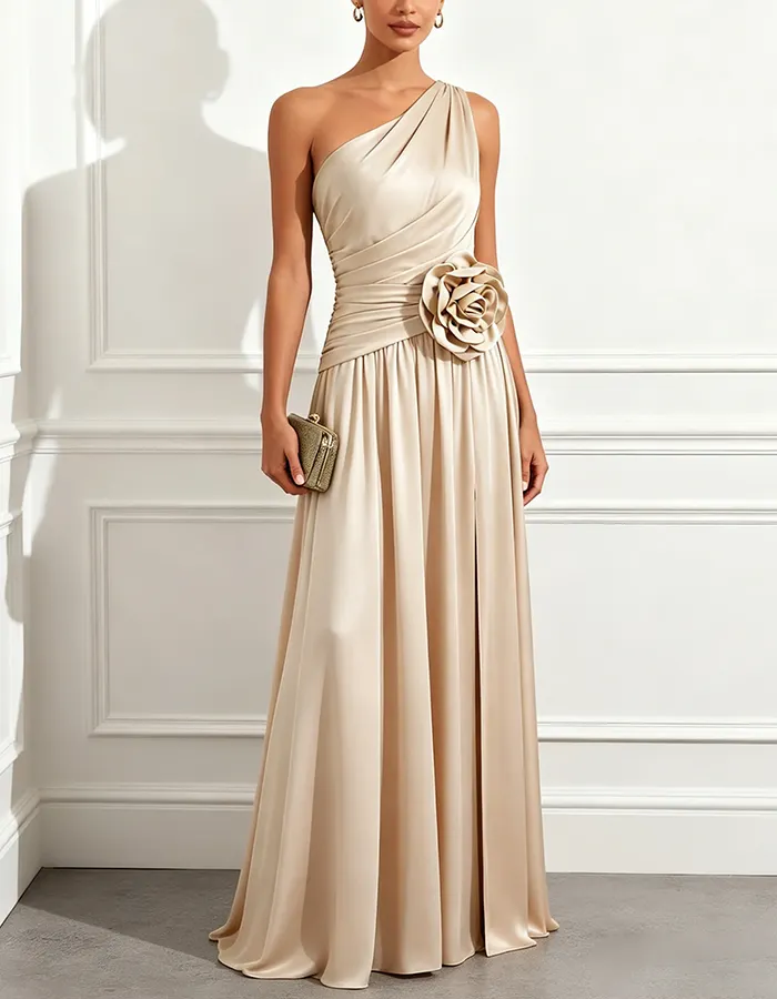 Champagne Satin One-Shoulder A-Line Maxi Dress