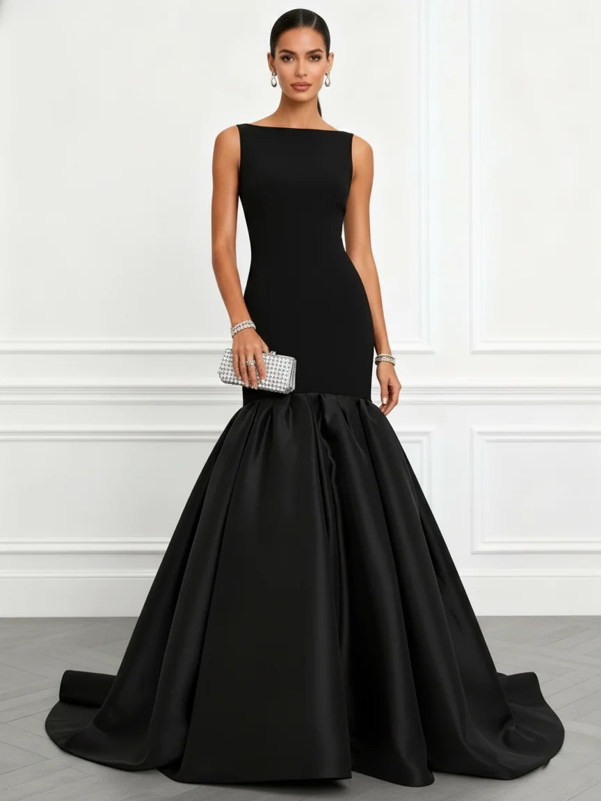 Black Split Joint Classic Boat Neck Sleeveless A-Line Gown Dress
