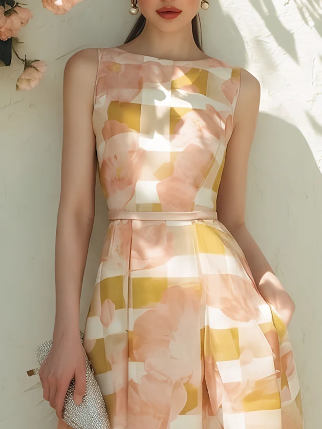 Yellow Floral Satin Boat Neck Sleeveless A-Line Midi Dress