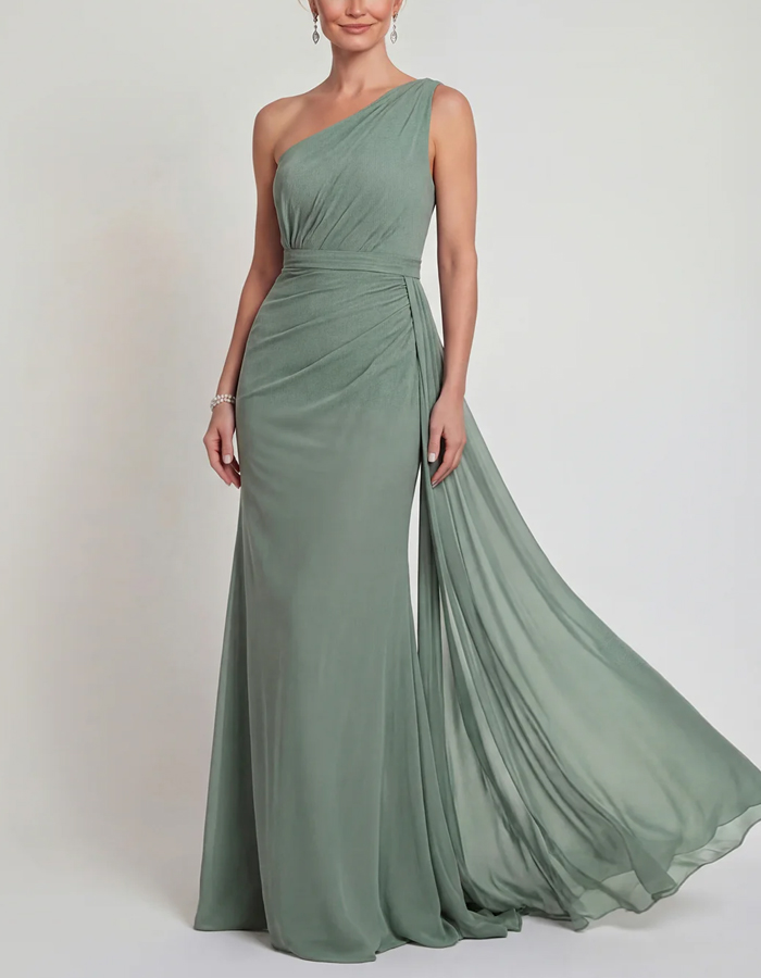 Grey Green Draped Chiffon One Shoulder Ribbon Maxi Dress