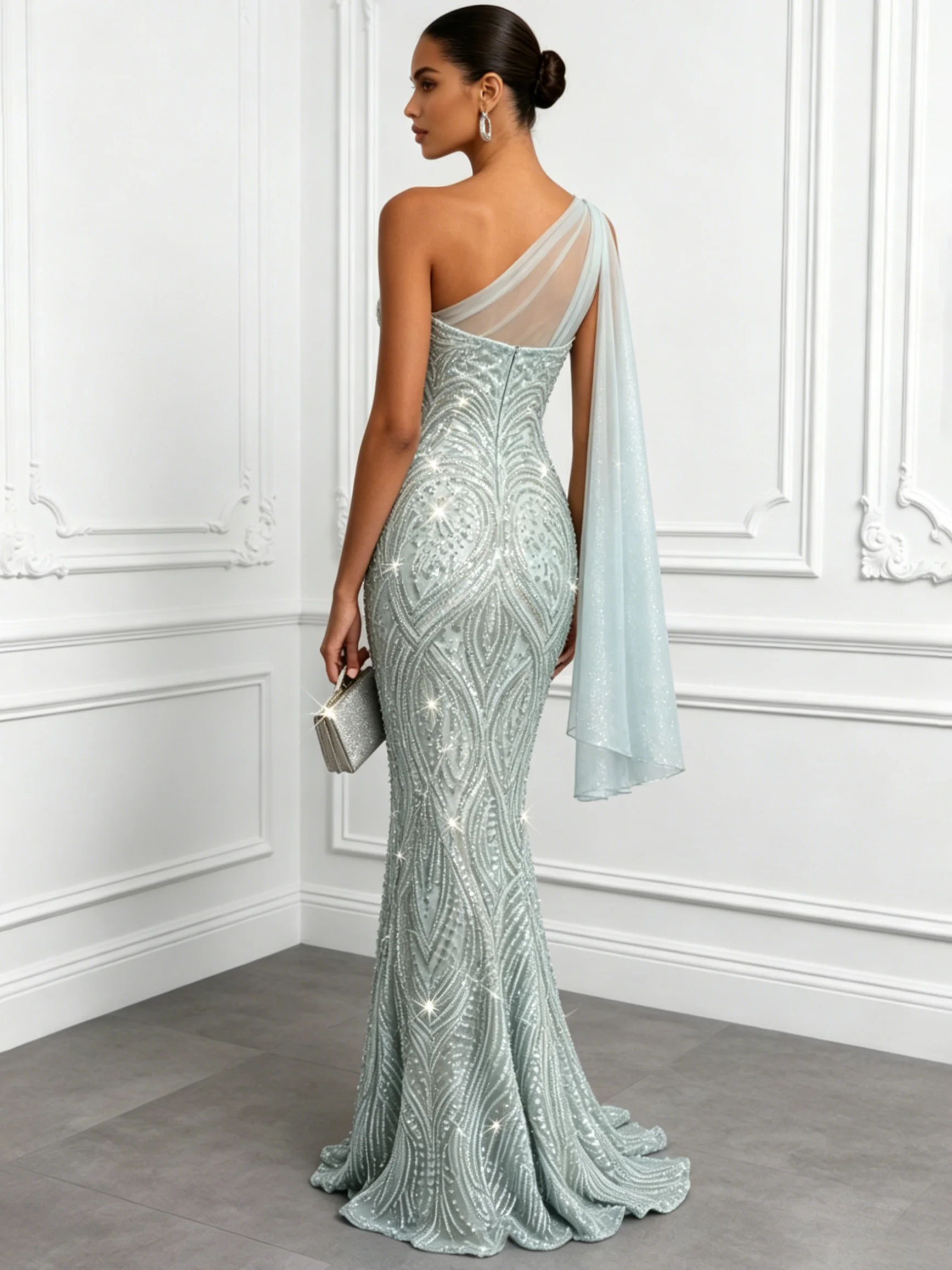 Lightgreen Glitter Beaded Classic One Shoulder Sleeveless Mermaid Gown Dress