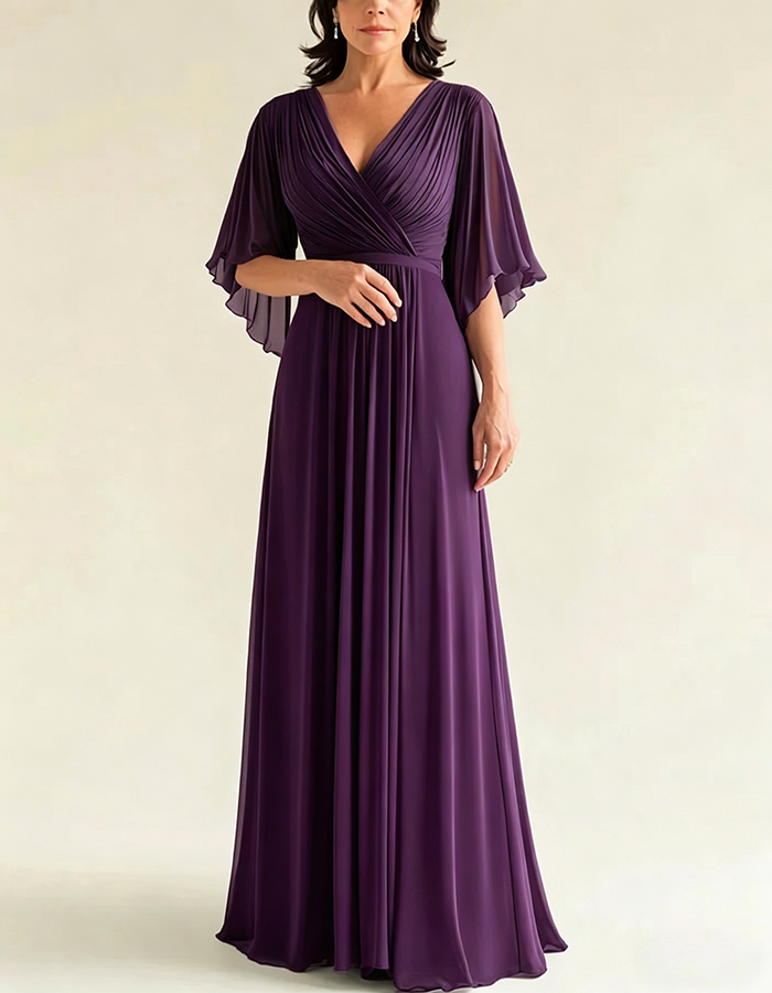 Grey Green Chiffon V-Neck Flutter Sleeves Maxi Dress